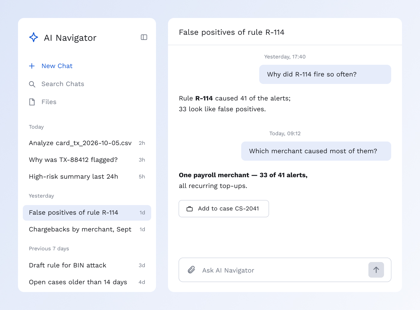 AI Navigator chat interface with grouped history