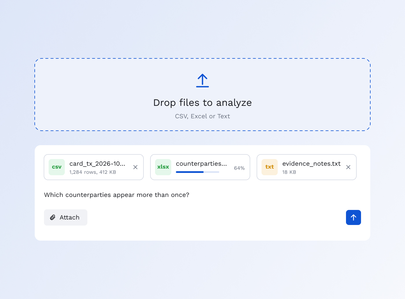 File upload interface for fraud investigation analysis